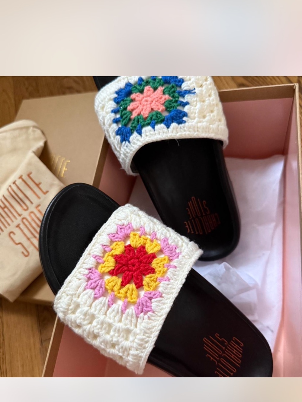 Charlotte Stone Crochet Slide Sandals with Multicolor Granny Squares